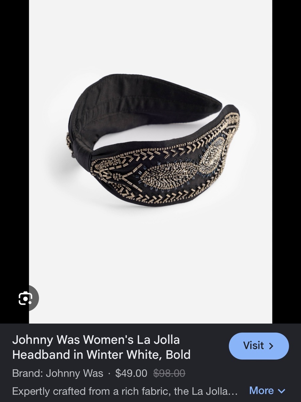Johnny Was Black Headband with Silver Bead Embellishment